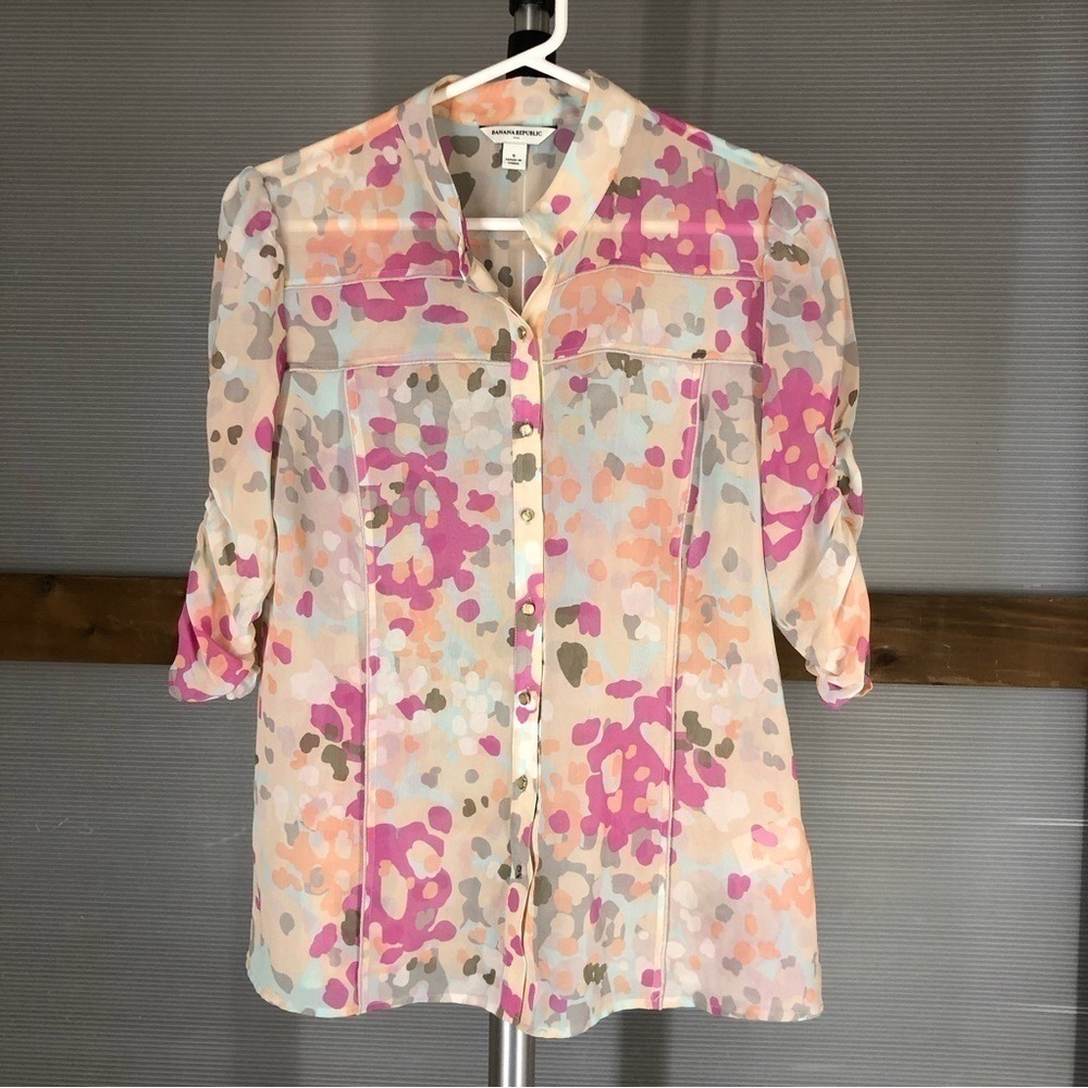 Banana Republic Women Pink Abstract Floral Ruched Sleeve Semi Sheer Blouse Small